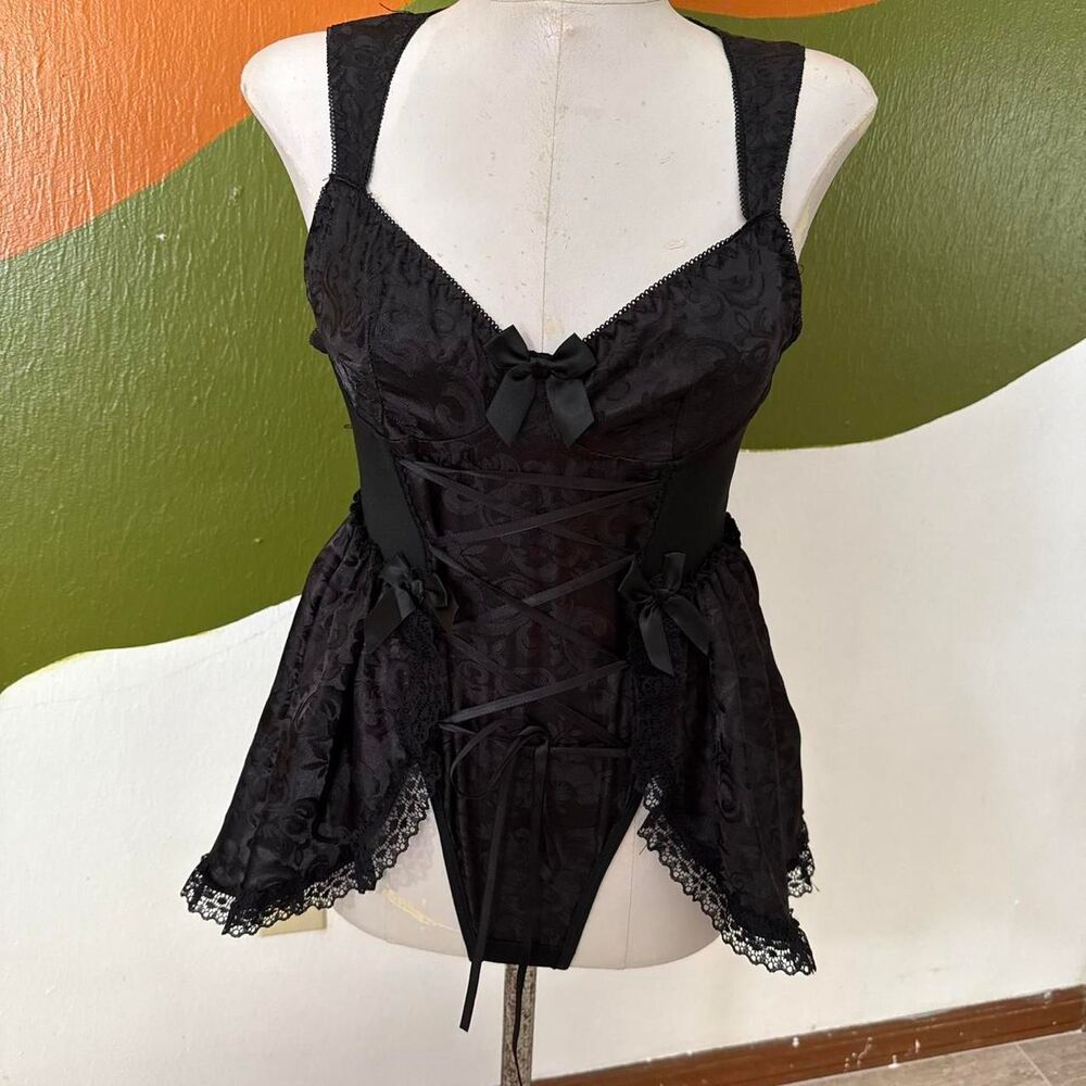 Goth Brocade Corset Babydoll top One peice Satin Lace Bow Trim Grunge Coquette M